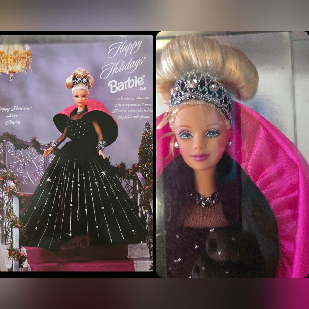 Barbie 1998 Happy Holidays Doll in Black and Pink Ensemble NIB